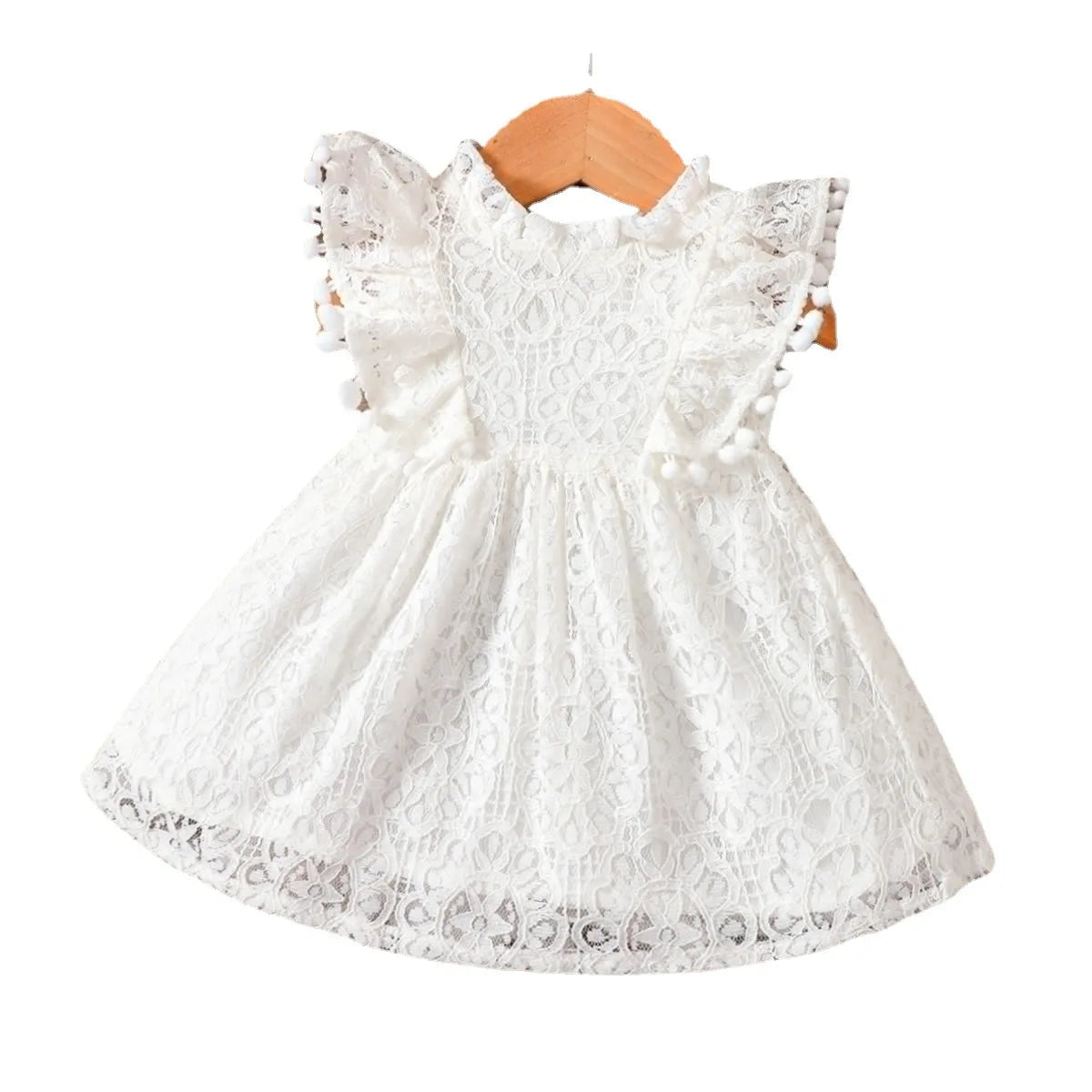 Vestido de princesa de manga voadora para bebé, bola pequena renda, vestido bonito de renda, cor sólida, verão, novo