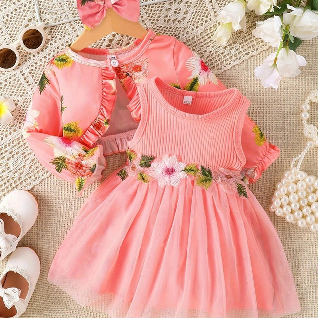Vestido sem mangas emendado e casaco pequeno para menina, casaco de cintura, flor, novo estilo, primavera e outono