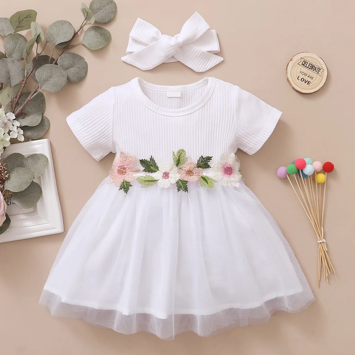 Princesa vestido bordados flores para menina, saia de tule manga curta, vestido de verão para crianças pequenas