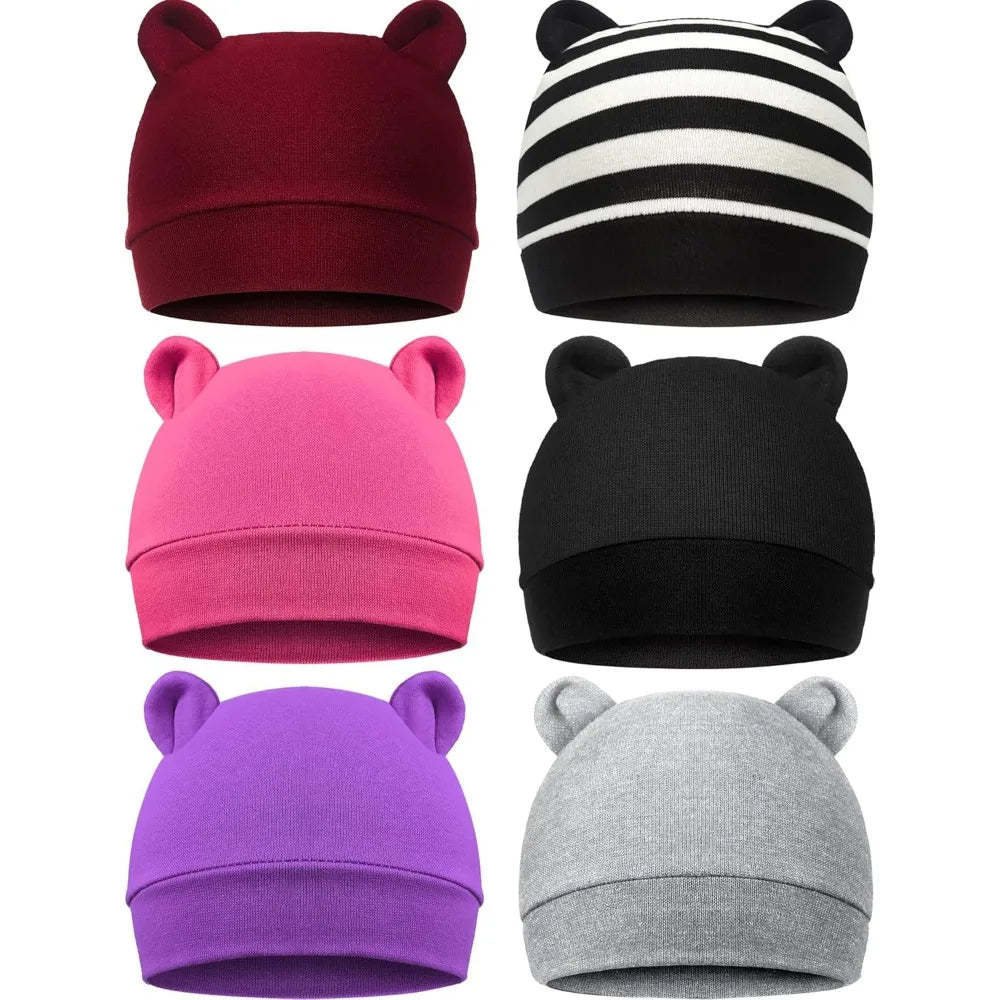 Recém-nascidos Urso Orelhas Gorros Chapéu, Adequado para o desgaste diário, Baby Toddler, 0-3 meses Masculino e Feminino, 6pcs por conjunto