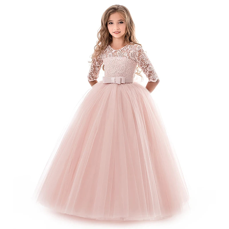 Girls 'Long Lace Prom Gowns, Vestidos de dama de honra para crianças, Adolescentes Girl Party Dress, Princesa Evening Vestido De Noiva Formal