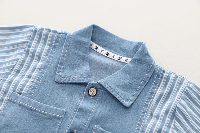 Conjunto de Camisa Listrada e Shorts Jeans para Menino