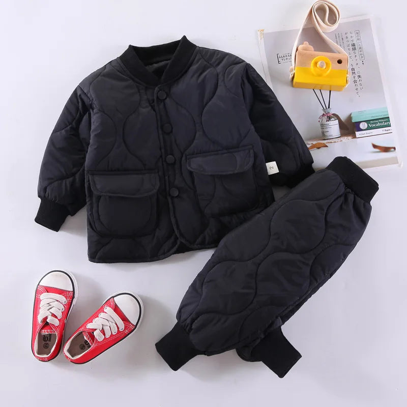 Conjunto de calças e jaqueta grossa infantil, clipe de algodão, top, roupas de menino, versão coreana, inverno