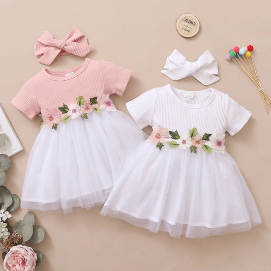 Vestido de princesa para meninas recém-nascidas de 1 a 3 anos, flores bordadas, manga curta, saia de tule, vestido de verão para crianças pequenas