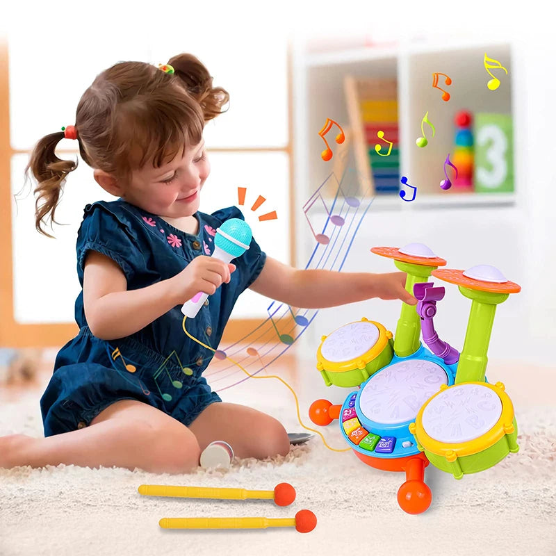 Conjunto de Bateria Musical para Crianças, Instrumentos Educativos, Brinquedos para Crianças e Meninas, Microfone, Atividades de Aprendizagem, Presentes para Crianças de 1 a 3