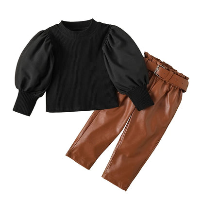 Conjunto de roupas infantis para meninas, blusa canelada de manga longa + calças de couro pu com cinto, 2 peças para roupas de meninas tamanho 1 2 3 4 5 6