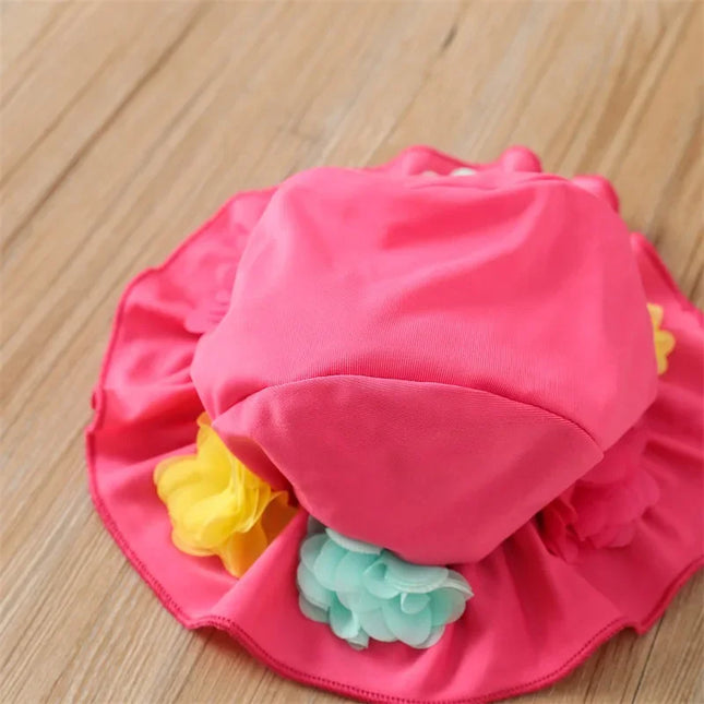 Maiô de 3 partes para a menina, projeto da flor, halter pescoço top + plissado shorts + swim caps, roupas de praia, verão