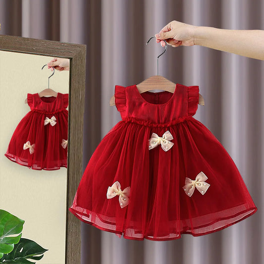 Vestido de princesa manga voadora infantil, roupa de verão feminina, novo estilo, fio de nuvem infantil, vestido de bebê