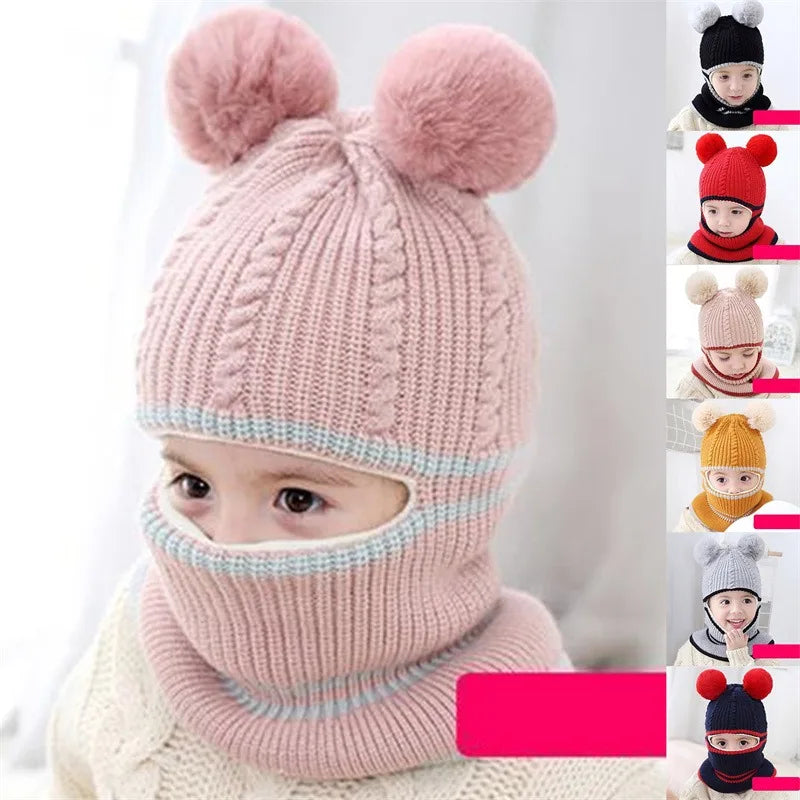 Chapéu de inverno para bebês, chapéu de malha com pompom para crianças, meninas e meninos, com forro de lã quente, chapéus para crianças