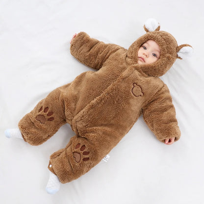 Romper de algodão grosso do recém-nascido com orelhas, bodysuit com capuz, roupas de bebê, macacão infantil, desenhos animados, inverno, 0-24 meses