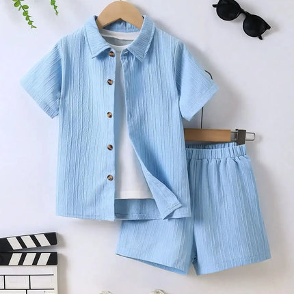 Conjunto de camisa e shorts de onda azul de 2 peças para meninos, roupas casuais infantis, simples, verão