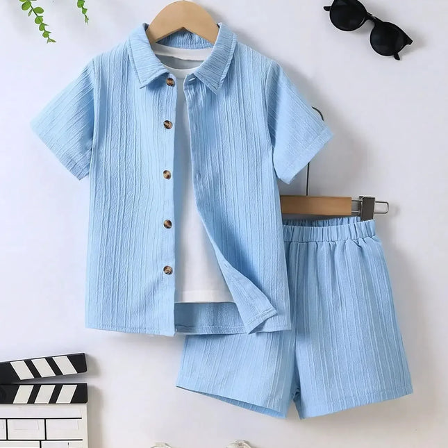 Conjunto de camisa e shorts de onda azul de 2 peças para meninos, roupas casuais infantis, simples, verão