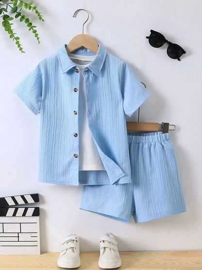 Conjunto de camisa e shorts de onda azul de 2 peças para meninos, roupas casuais infantis, simples, verão