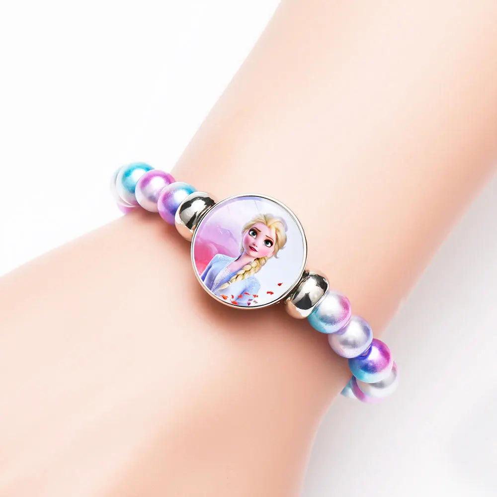 Disney Cartoon Frozen Princess Bracelet para Crianças, Elsa e Anna, Jóias Acessórios, Talão Colorido, Presente de Aniversário, Bonito