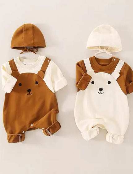 Macacão recém-nascido super fofo com boné, cor contrastante, suspensórios e capuz, roupas de escalada ao ar livre, roupa do bebê