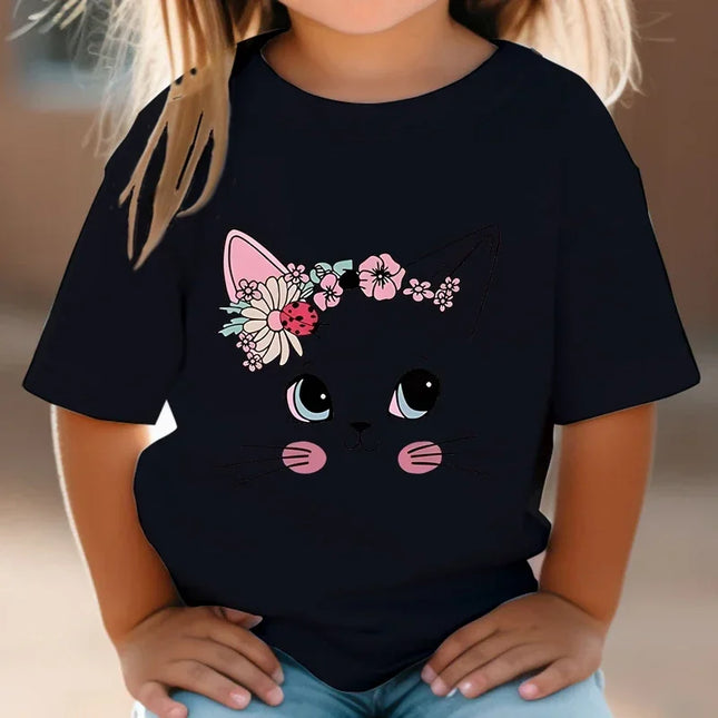 T-shirt de manga curta para meninas, flor, gato, floral, gatinho, branco, manga curta, selvagem, bonito, animal, desenhos animados, verão