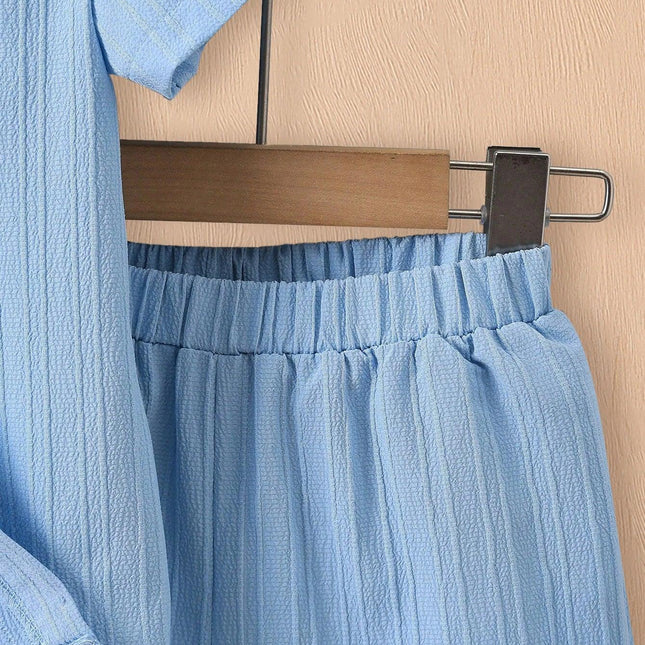 Conjunto de camisa e shorts de onda azul de 2 peças para meninos, roupas casuais infantis, simples, verão