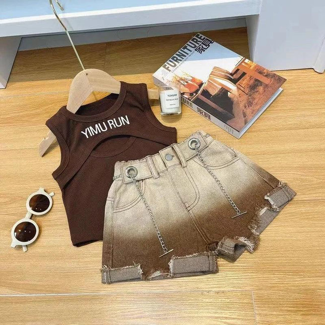 Colete vazado estampado com letra feminina, roupas infantis de verão, shorts gradiente na moda, roupas infantis coreanas, 2024
