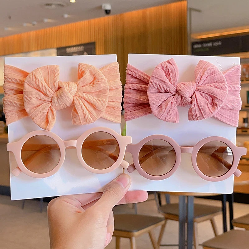 Wide Hairband Round Sunglasses para crianças, cor sólida, algodão bowknot, bebê meninas, acessórios para cabelo infantil, novo, 2 pcs por conjunto