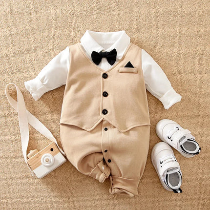 Vestido formal de cavalheiro bonito para meninos e meninas, bodysuit confortável de manga longa, algodão, estilo primavera e outono