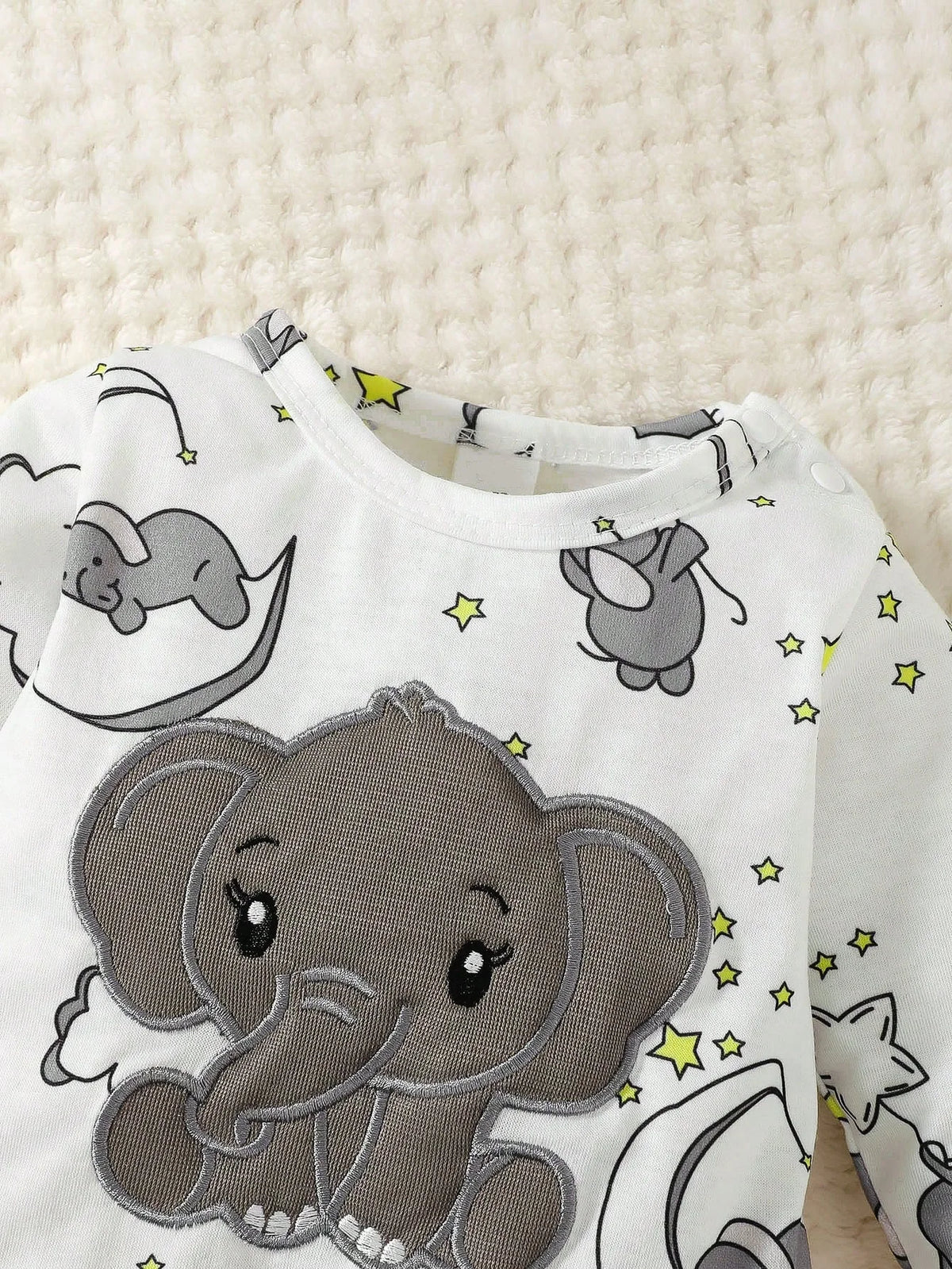 Manga comprida do bebê macacão com chapéu, elefante padrão, bordado, desenhos animados, bonito, 2pcs