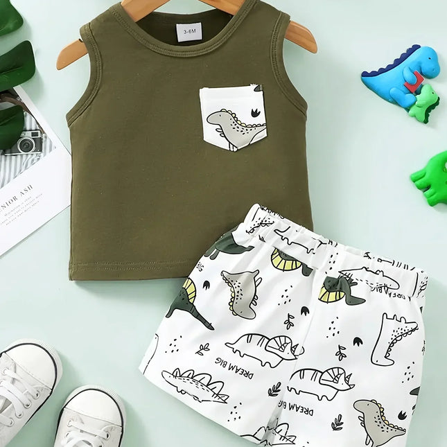 Verão legal 0-2 anos de idade meninos dinossauro estampas sem mangas casual terno de duas peças