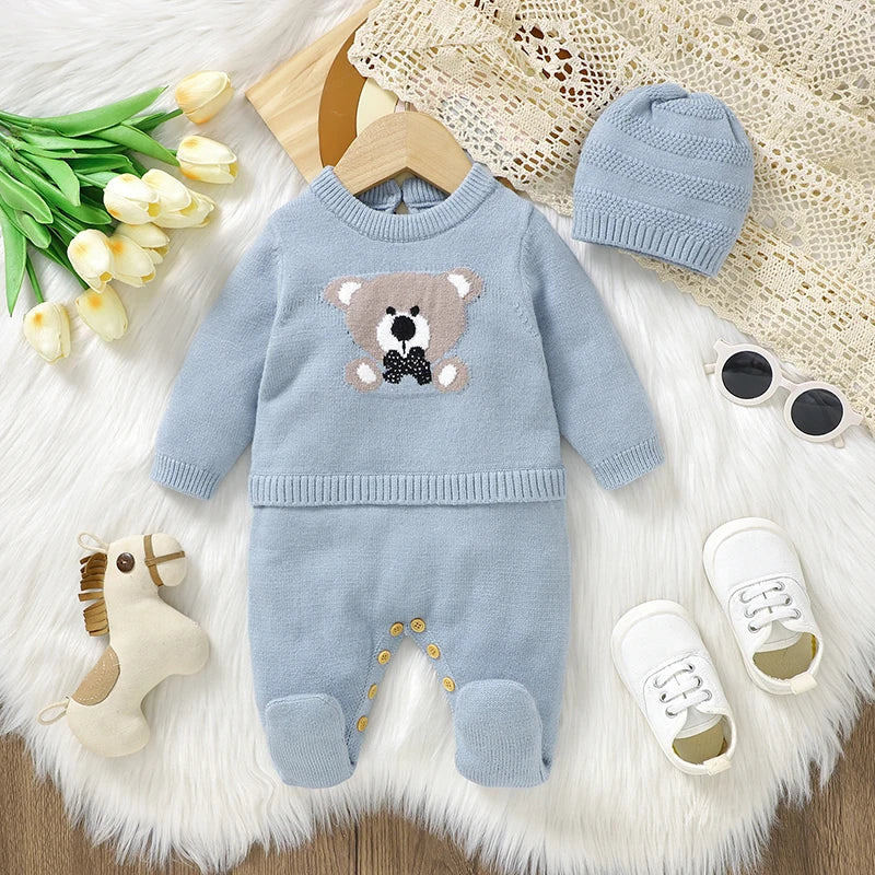 Macacão de bebê e chapéus, manga comprida, ternos de malha, meninos recém-nascidos outwear, playsuits, chapéus trajes, azul, primavera, outono, inverno, 2pcs, 0-18m