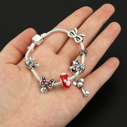 Disney Mickey Minnie Pingente Bead Pulseira, Cor Prata, Coração Charme, Jóias Acessórios para Meninas