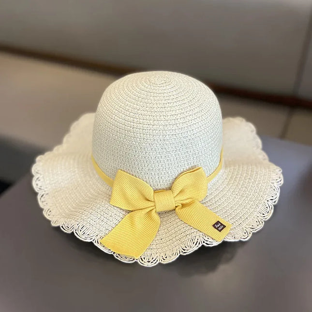 Verão Meninas Praia Chapéus De Sol Lótus Folha Brim Bonito Squinting Olhos Bowknot Outdoor Sun Protection Crianças Cap Palha Crianças