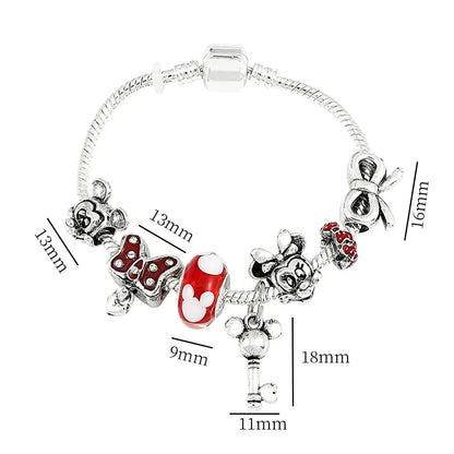 Disney Mickey Minnie Pingente Bead Pulseira, Cor Prata, Coração Charme, Jóias Acessórios para Meninas