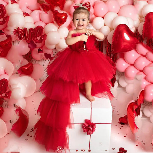 Vestido infantil vermelho de tule inchado, vestidos à vela, festa da primeira comunhão, princesa, roupa de aniversário para meninas