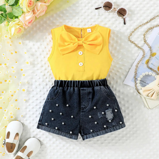 Shorts jeans pérola e bow top feminino, roupa de criança, conjunto de roupas infantis, criança, 2-7 anos, verão