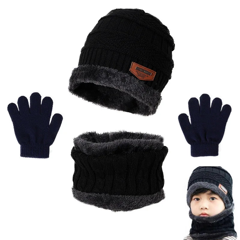 Inverno Chapéu Cachecol e Luvas Set Plush Warmer Crianças Chapéu De Malha Bebê Meninos Gorros Cap Neck Scarf Glove Suit Para Crianças Accessori