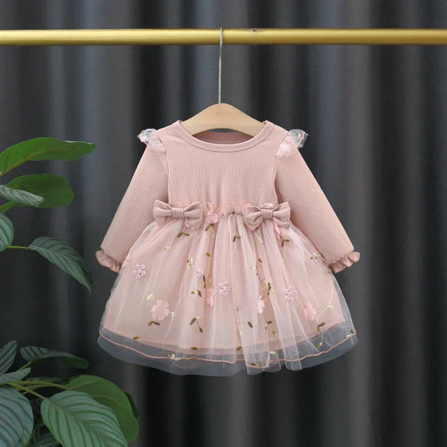 Vestido de manga comprida feminino, manga inchada, gola redonda, camisa de malha, vestido de gaze, flor, doce, inverno, novo
