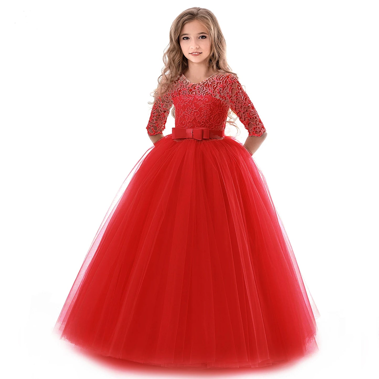 Girls 'Long Lace Prom Gowns, Vestidos de dama de honra para crianças, Adolescentes Girl Party Dress, Princesa Evening Vestido De Noiva Formal