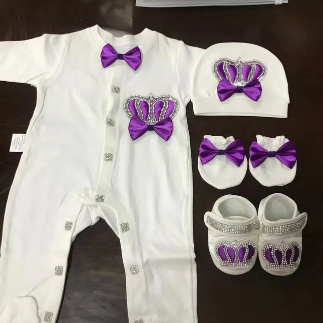 Nome personalizado bebê macacão menino algodão roupas de bebê recém-nascido 0-3 mês strass coroa jurken branco pijamas do bebê conjunto para meninos