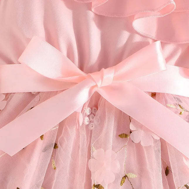 Vestido bordado com babados para crianças, Vestidos de princesa floral sem mangas, Vestido de aniversário para bebês, 2 a 7 anos