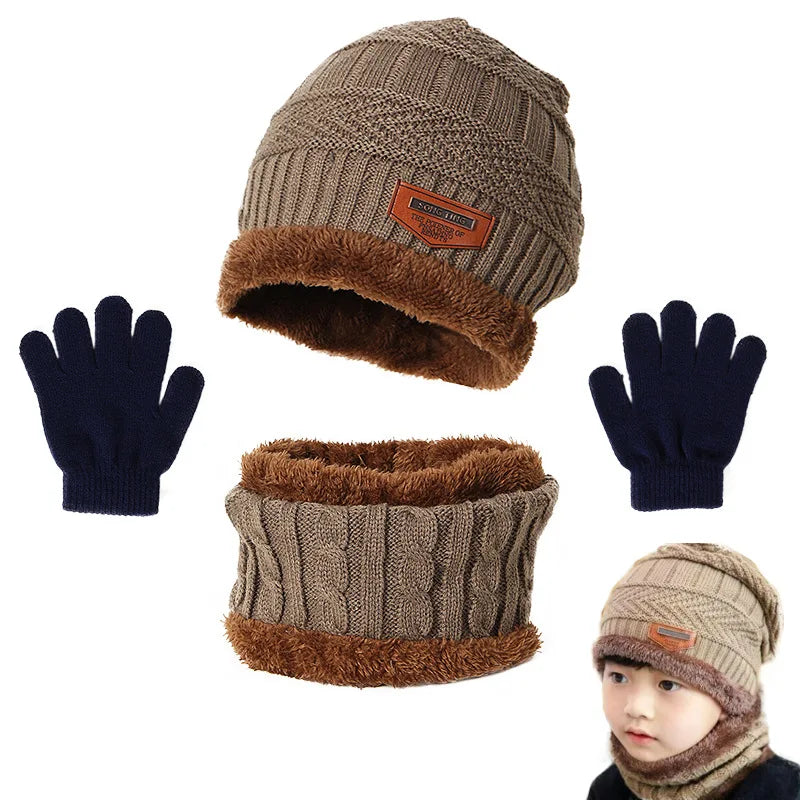 Inverno Chapéu Cachecol e Luvas Set Plush Warmer Crianças Chapéu De Malha Bebê Meninos Gorros Cap Neck Scarf Glove Suit Para Crianças Accessori