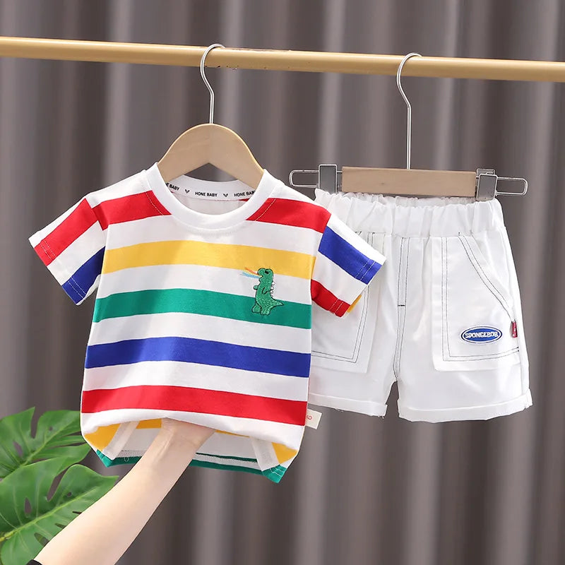 Verão bonito dos desenhos animados dinossauro moda crianças o-pescoço camiseta + shorts saco da criança do bebê meninos meninas roupas conjunto novas crianças agasalhos