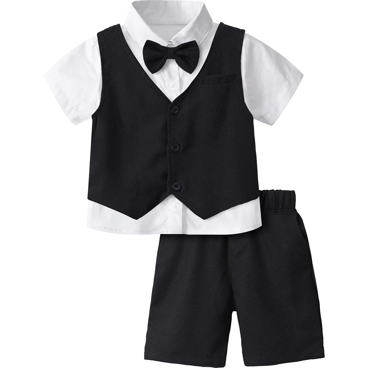 Roupa de bebé para menino Conjunto de fato de casamento para criança Conjunto de roupa de festa de aniversário para criança Gemtleman Conjunto de roupa formal de algodão de manga curta 3 PCS