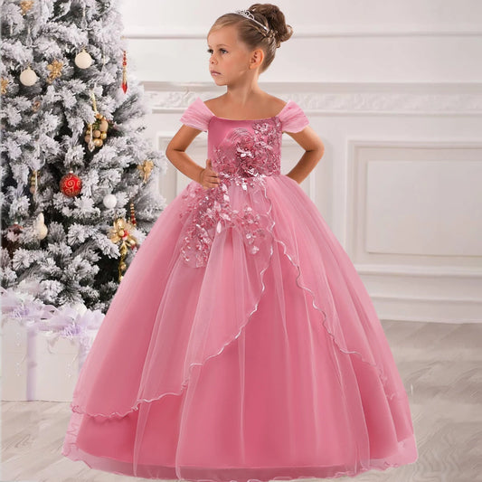 Girls Summer Flower Party Dress, Trajes de Natal, Aniversário rosa, Vestidos de baile para meninas, Bridemaid Wedding Princess Clothing