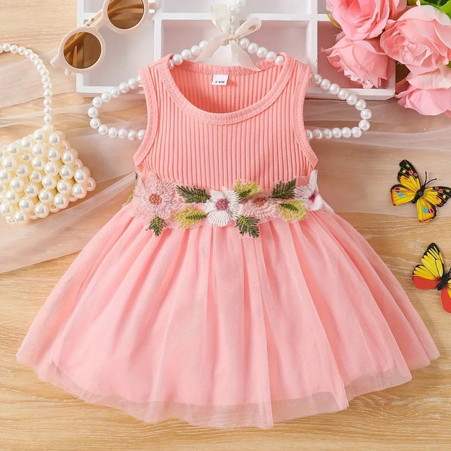 Vestido de cintura sem mangas para bebês, Flower Patchwork, Mesh Sweet, Verão
