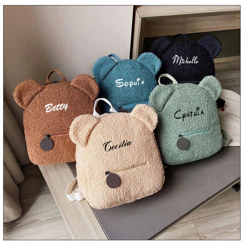 Urso bonito padrão mochila de pelúcia para mulheres e meninas, personalizado pequeno saco de ombro casual, nome personalizado, presente da criança