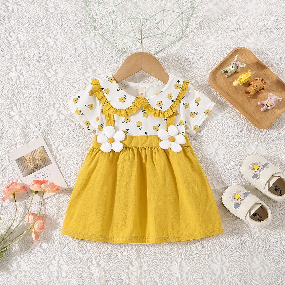 Vestido de alça de flor para bebê, Decoração de flores, colarinho dobrável, doce vestido de princesa, verão, novo