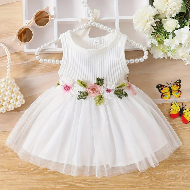 Vestido de cintura sem mangas para bebês, Flower Patchwork, Mesh Sweet, Verão
