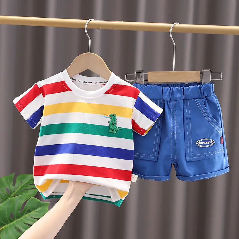 Verão bonito dos desenhos animados dinossauro moda crianças o-pescoço camiseta + shorts saco da criança do bebê meninos meninas roupas conjunto novas crianças agasalhos