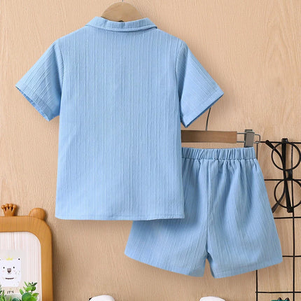 Conjunto de camisa e shorts de onda azul de 2 peças para meninos, roupas casuais infantis, simples, verão
