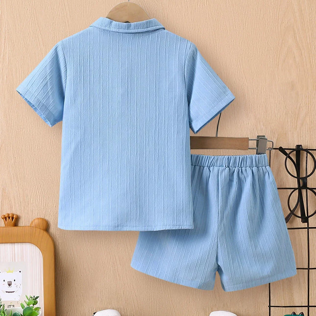 Conjunto de camisa e shorts de onda azul de 2 peças para meninos, roupas casuais infantis, simples, verão