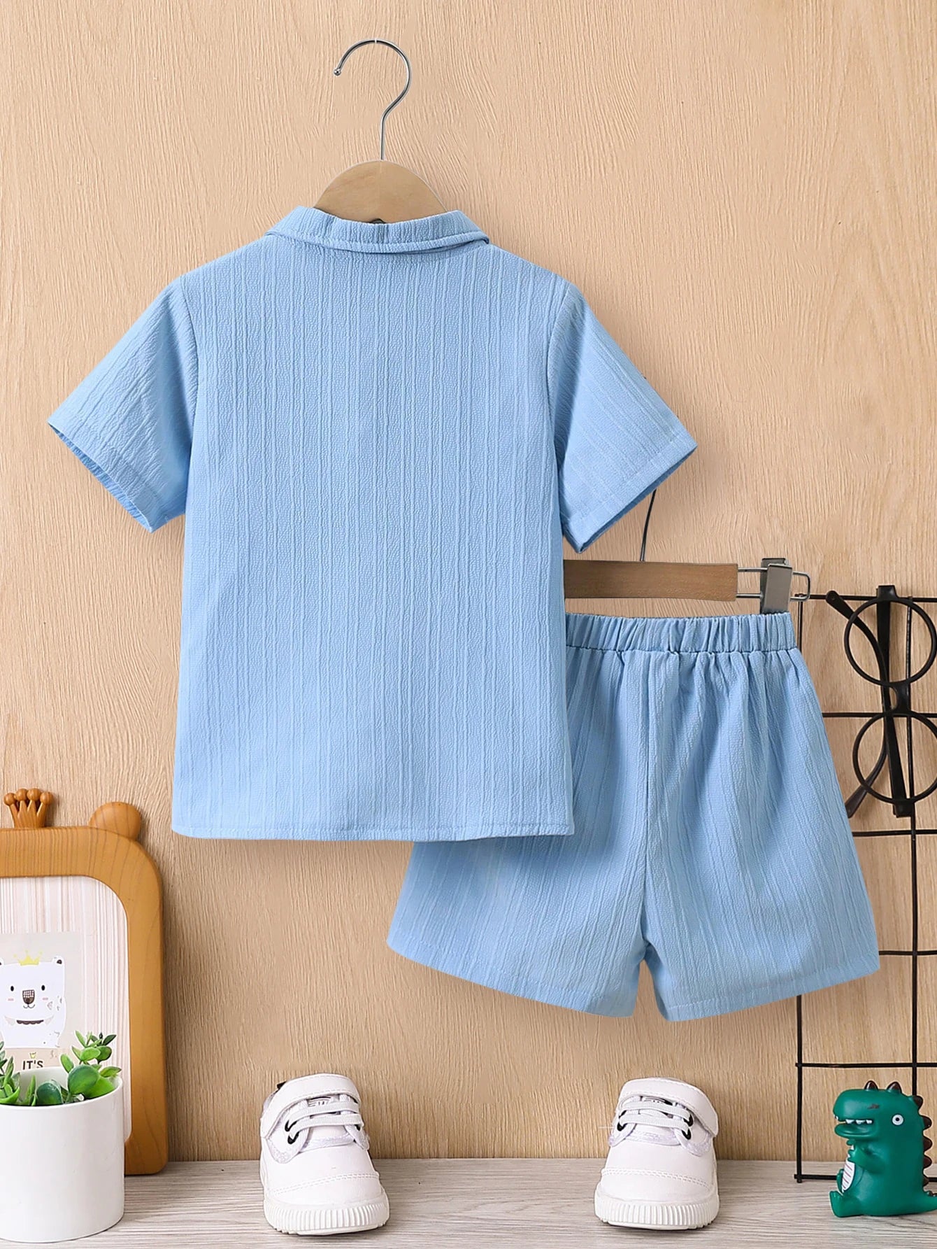 Conjunto de camisa e shorts de onda azul de 2 peças para meninos, roupas casuais infantis, simples, verão