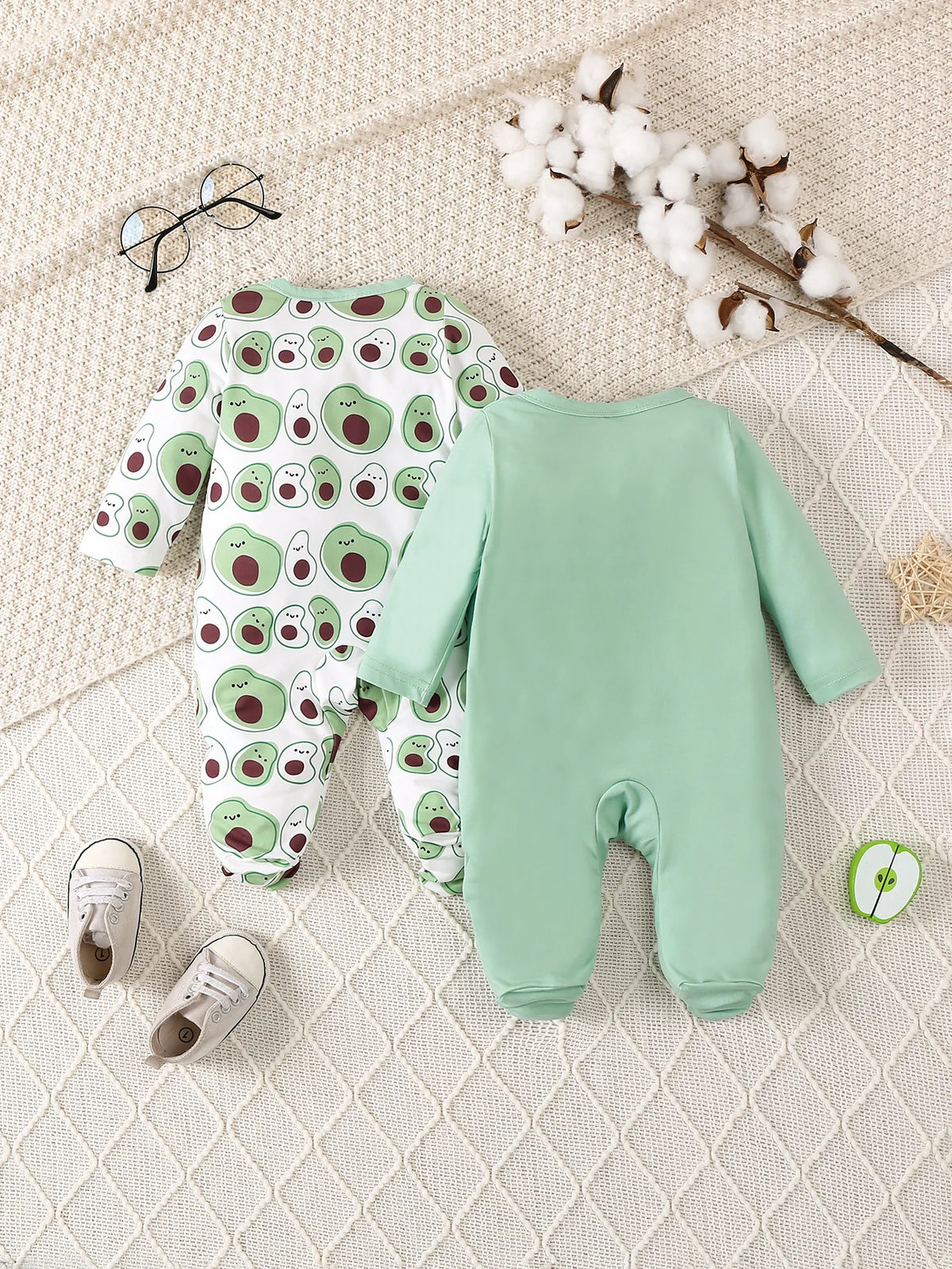 Terno de escalada com padrão de desenho animado para bebê, roupa interior, bonito Onesie, cheio de impresso, verde claro, recém-nascido, 2 pcs set, 0 a 9m